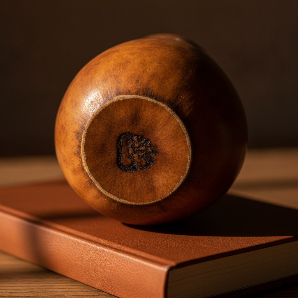 Calabaza curada con la base grabada a fuego, apoyada sobre un cuaderno de tapa dura