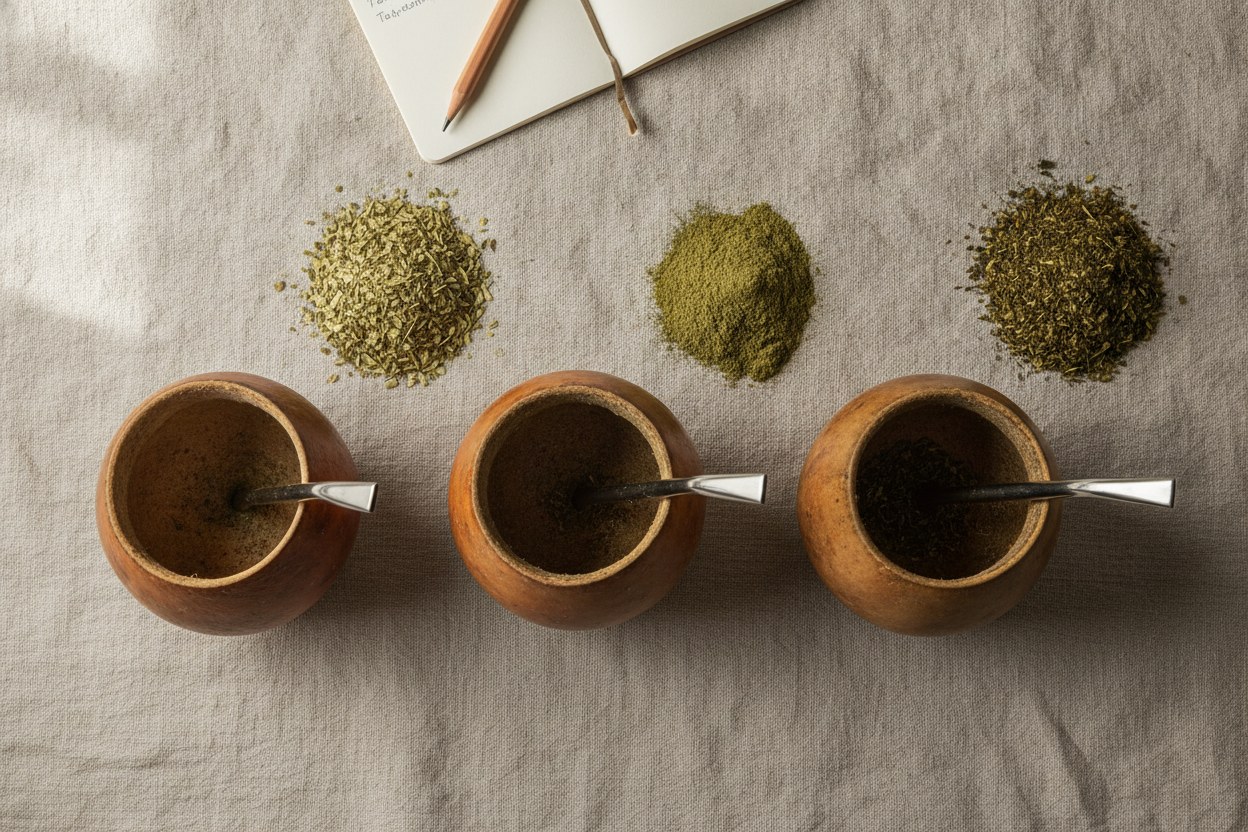 Tres mates idénticos alineados junto a montoncitos de yerba de distinta molienda para una cata a ciegas