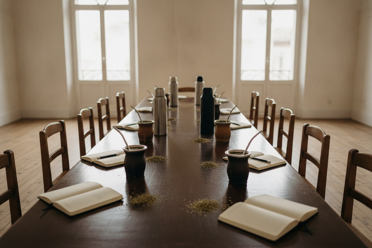 Mesa larga de madera con ocho mates dispuestos, termos y cuadernos, durante un taller de cebado